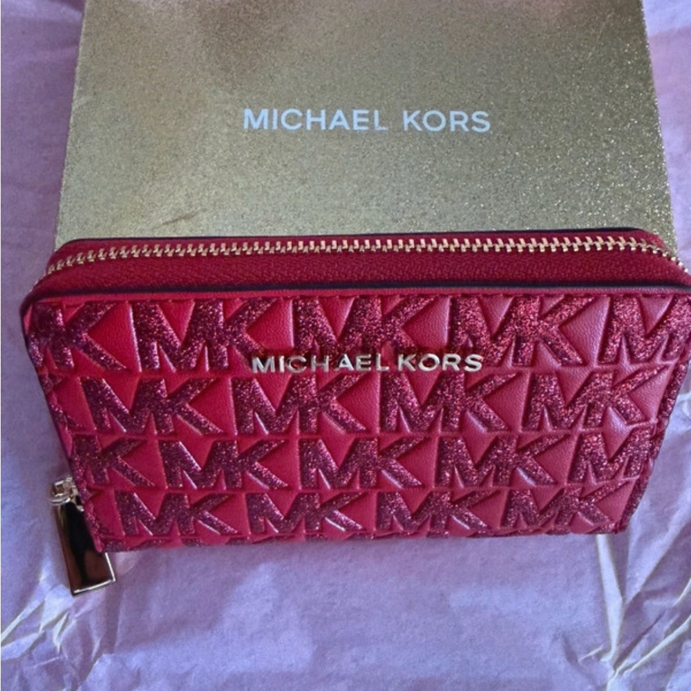 New Michael Kors Red Glitter Quilted Logo Zip-Around Wallet